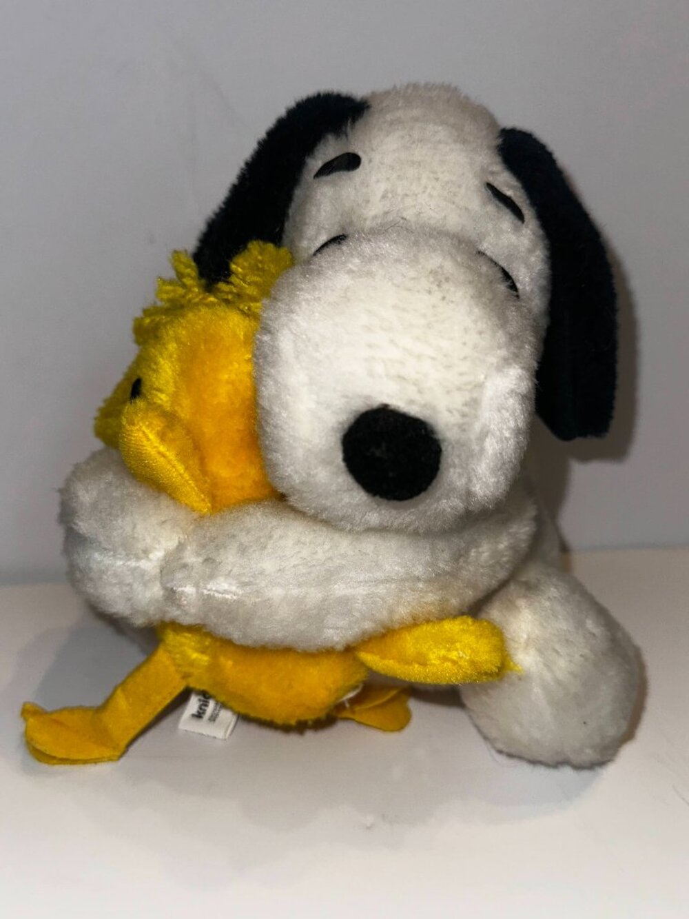 VTG Peanuts Knickerbocker Snoopy Hugging Woodstock Stuffed Plush 6.5"